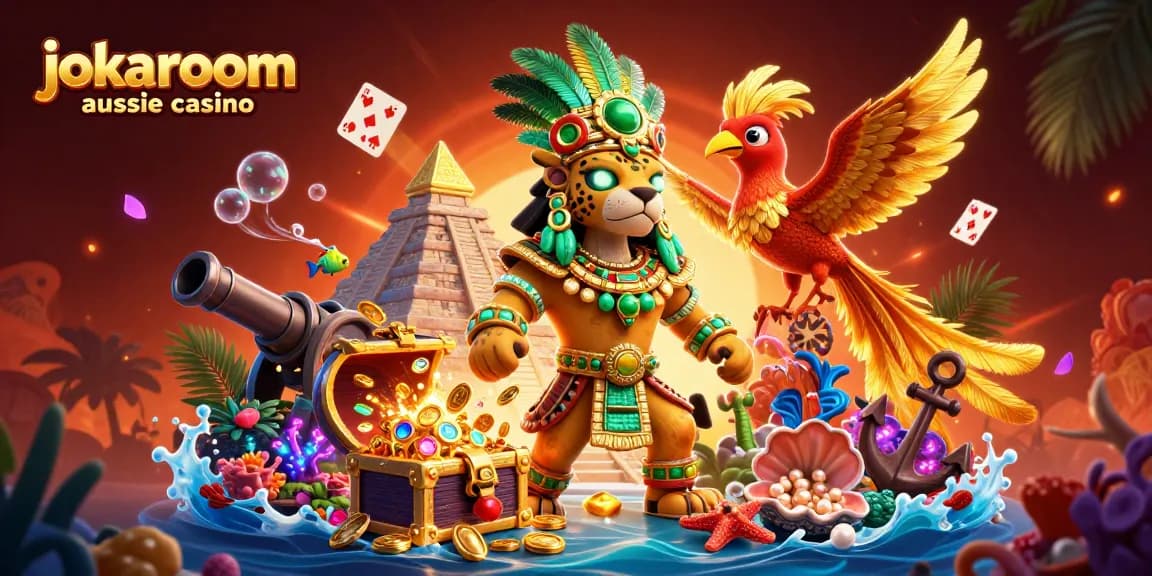 Experience the thrill at jokaroom aussie casino with a lively 3D scene featuring a jaguar priest and vibrant game elements.
