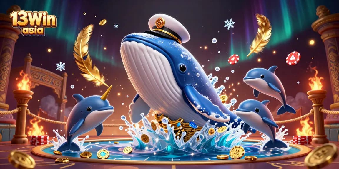 Experience a thrilling scene from 13Win asia, featuring casino elements with a dynamic whale and playful dolphins.