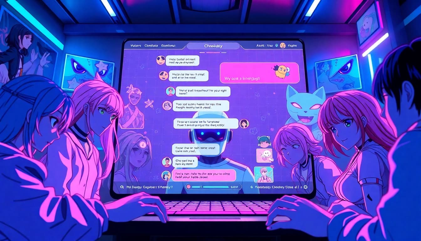 Engaging scene of an AI chatbot interacting with enticing anime characters, emphasizing hentai ai chat.