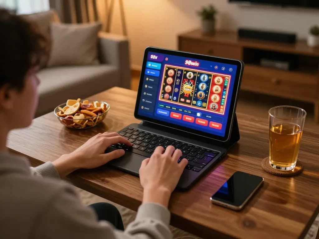 Player engaging with 98win online casino app, showcasing dynamic gameplay in a cozy setting.