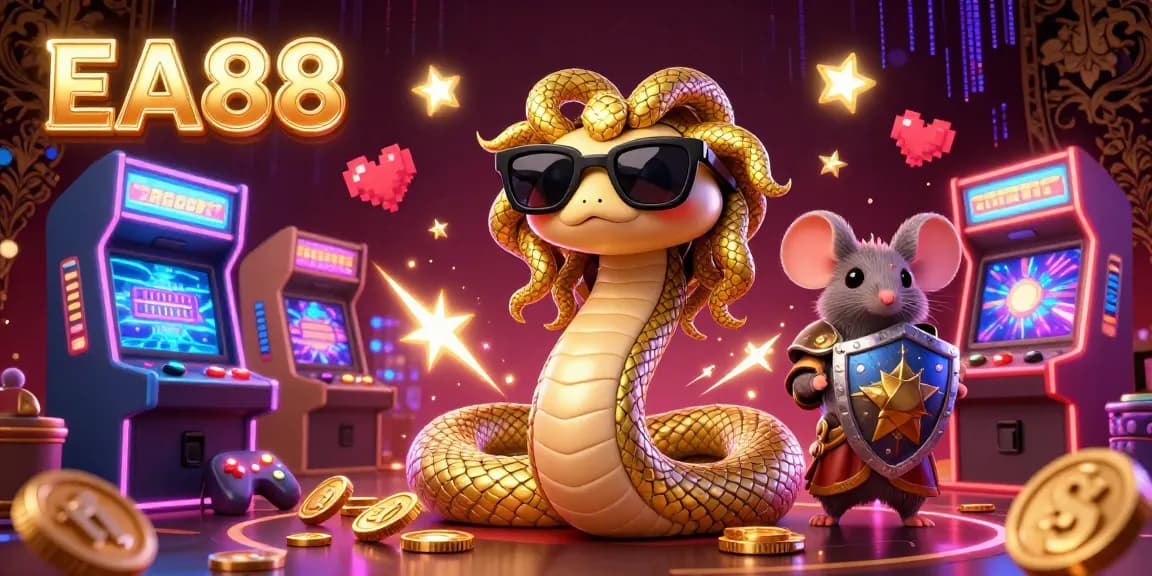 Immerse in EA88's thrilling gaming landscape as Medusa and a warrior mouse explore dynamic arcade machines.