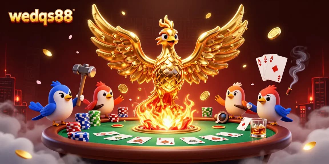 Engage in thrilling gameplay at wedqs88 with a golden phoenix and poker elements in a dynamic casino scene.