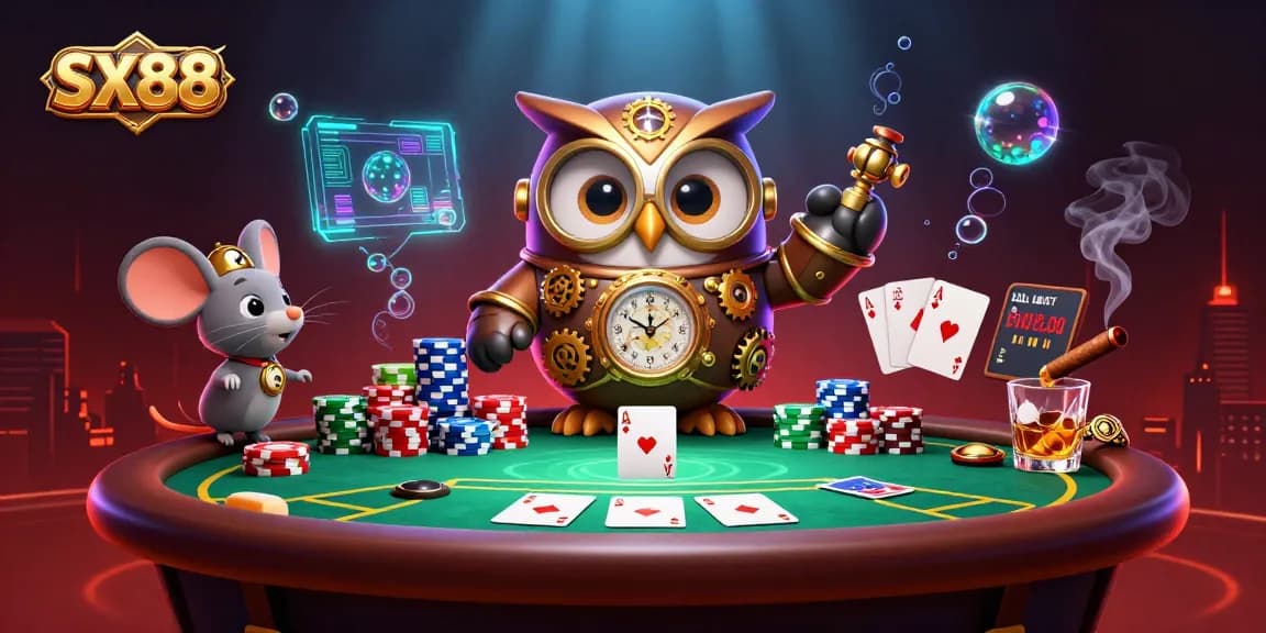 SX88 gaming experience featuring a time-traveler owl and a clockwork mouse in a vibrant casino scene.