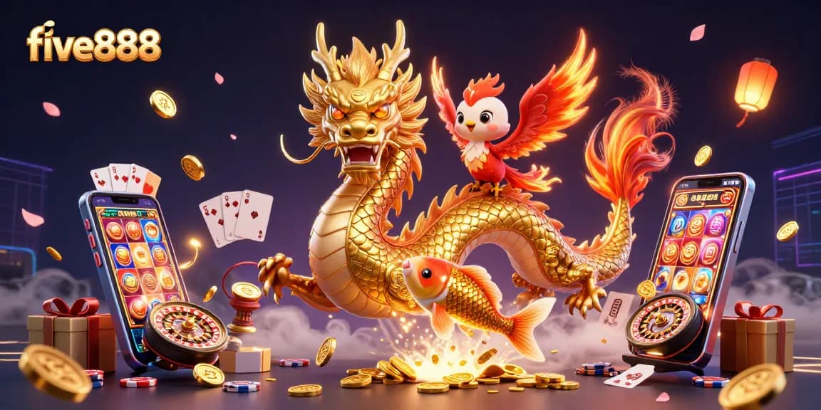 Experience thrilling gaming with five888 featuring a golden dragon and dynamic casino elements.