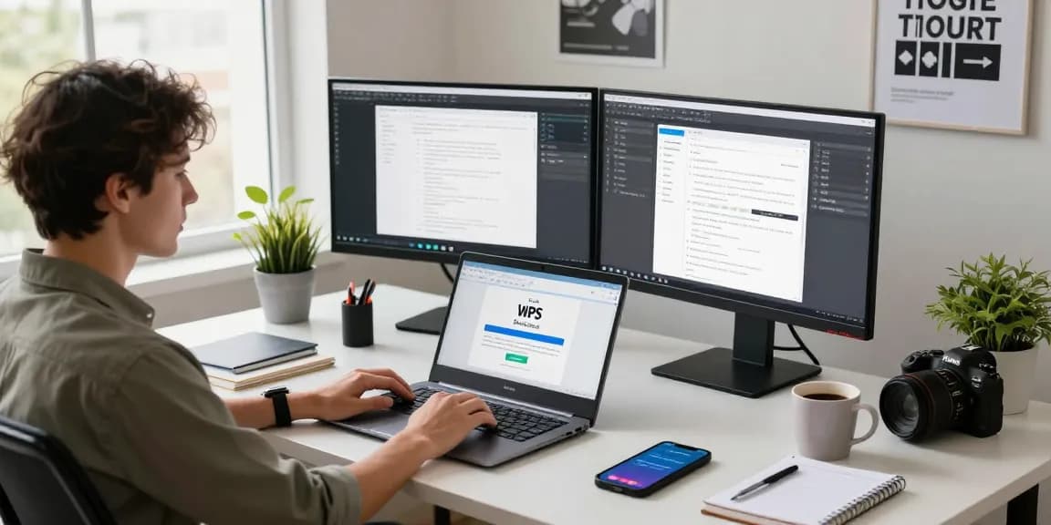 WPS Download page displayed on a laptop in a sleek home office setup, promoting productivity.