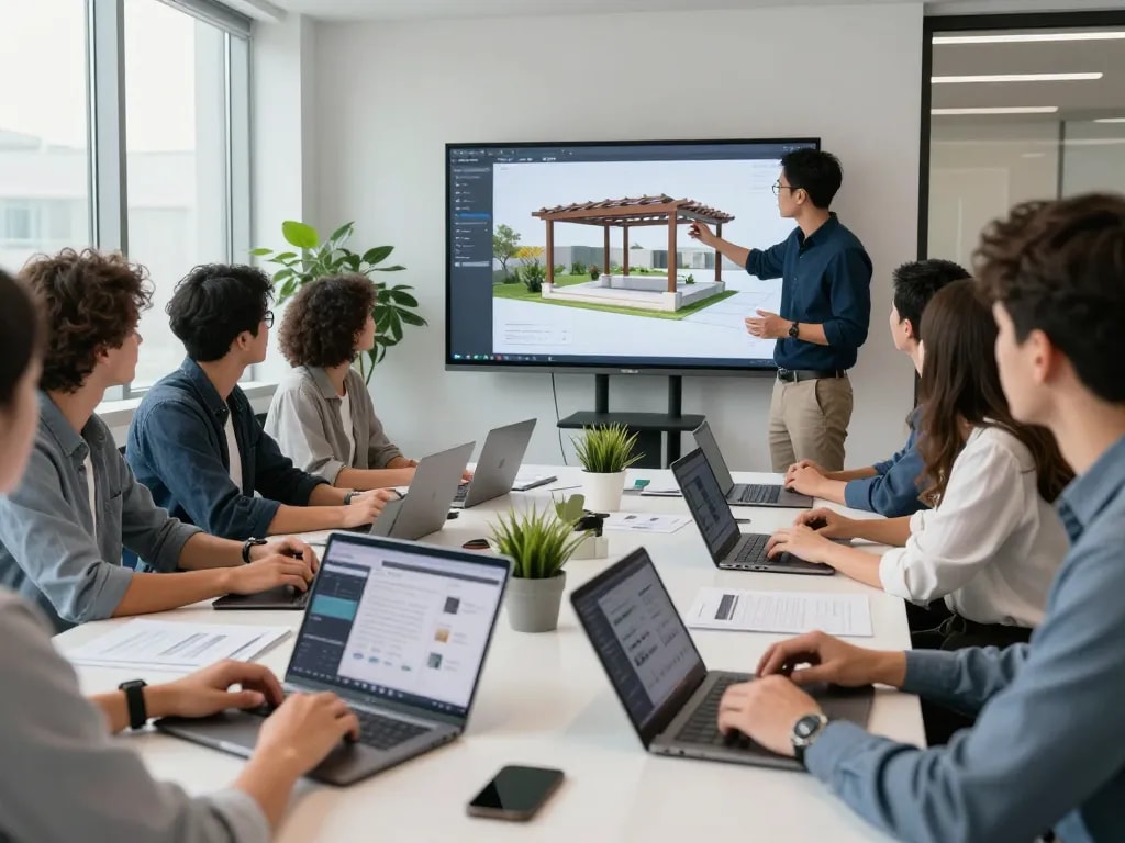 Team che collabora su software innovativo per pergole per aziende in un ambiente ufficio moderno.