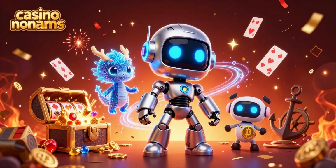 Engage with the vibrant casino non aams scene featuring a cyberpunk robot, AI dragon, and bitcoin drone amidst thrilling game elements.