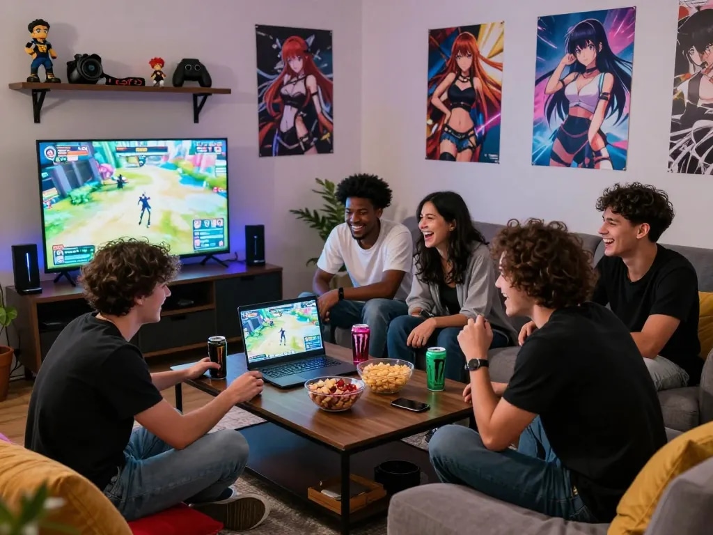 Friends enjoying hentai games together in a cozy living room setting, showcasing anime decor and snacks.