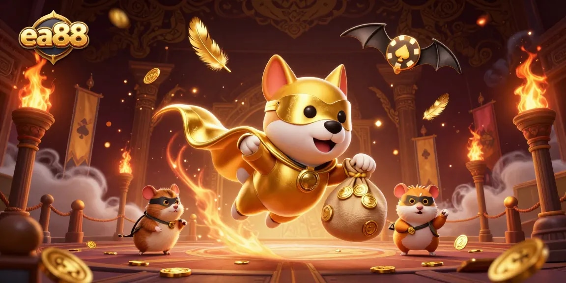 Catch thrilling winnings at ea88 with a fun superhero theme featuring a dog and hamster at a casino.