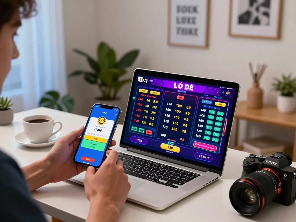 Player engaging with lô đề online gambling app in a modern home office setting.