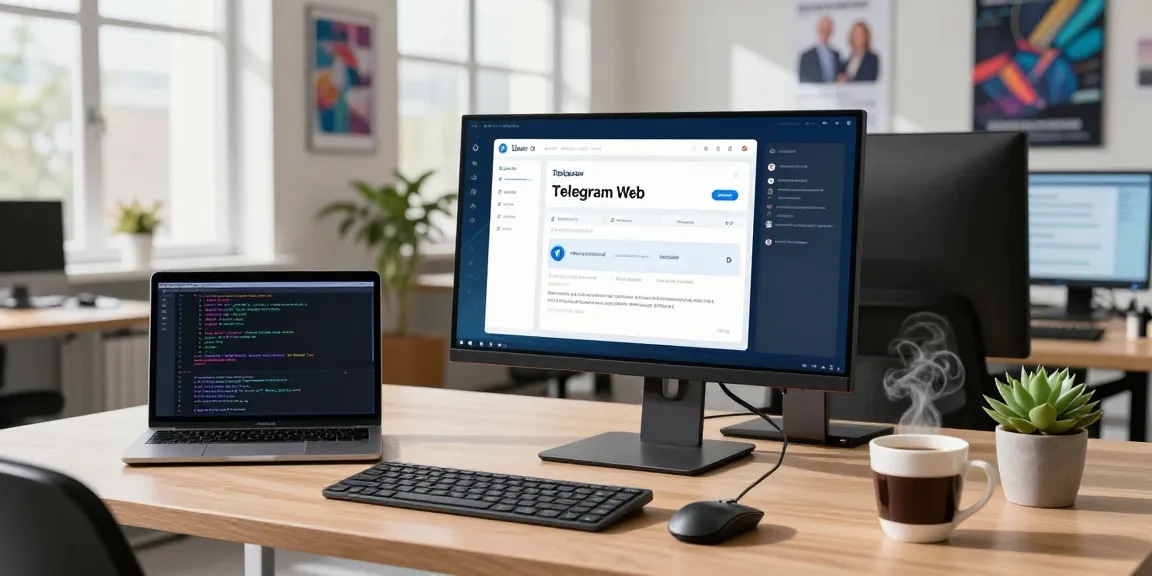 Using Telegram Web Version on high-resolution monitor in a modern workspace with coffee and tech decor.