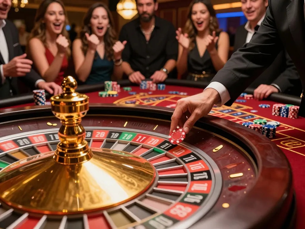 79king players engaging with a spinning roulette wheel, vibrant casino atmosphere
