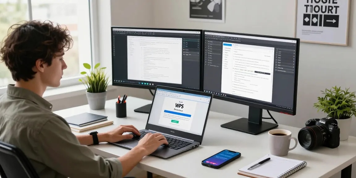 WPS Download page displayed on a laptop in a sleek home office setup, promoting productivity.