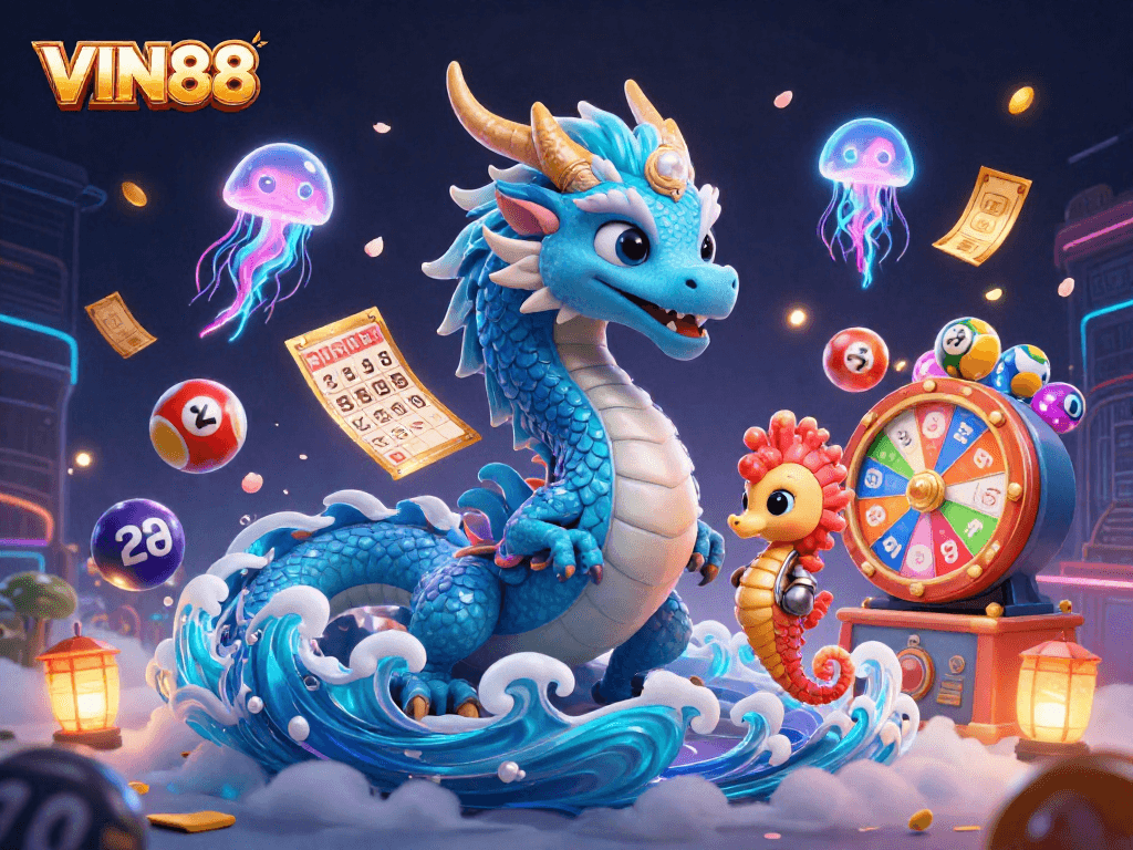 Engage in VIN88 lottery excitement with vibrant dragon and seahorse under glowing jellyfish.