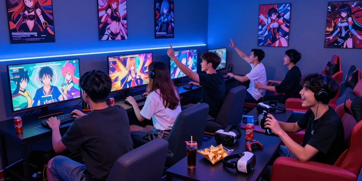 Friends enjoying immersive hentai games in a vibrant gaming lounge.