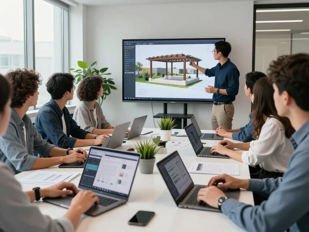 Team che collabora su software innovativo per pergole per aziende in un ambiente ufficio moderno.