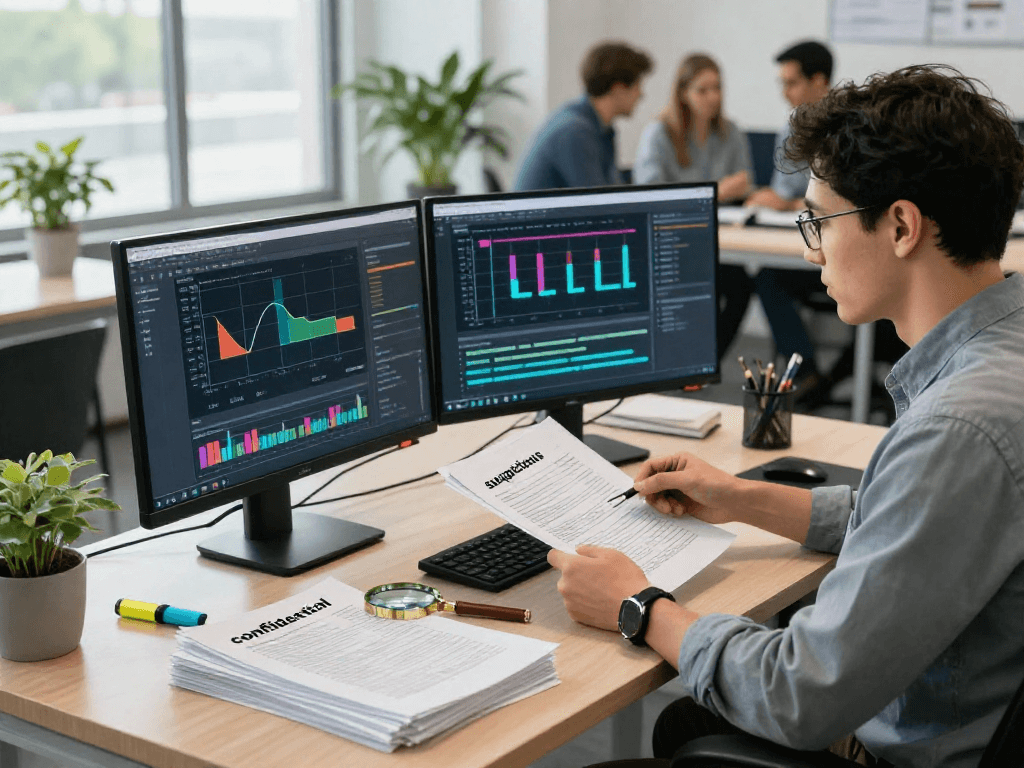 Detailed workspace for document fraud detection featuring an analyst reviewing suspicious documents with high-tech tools.