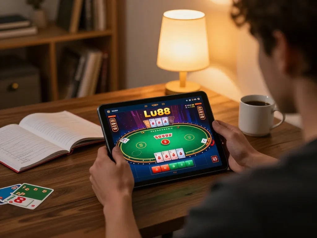 Lu88 player enjoying online poker in a cozy home setting with strategy notes.