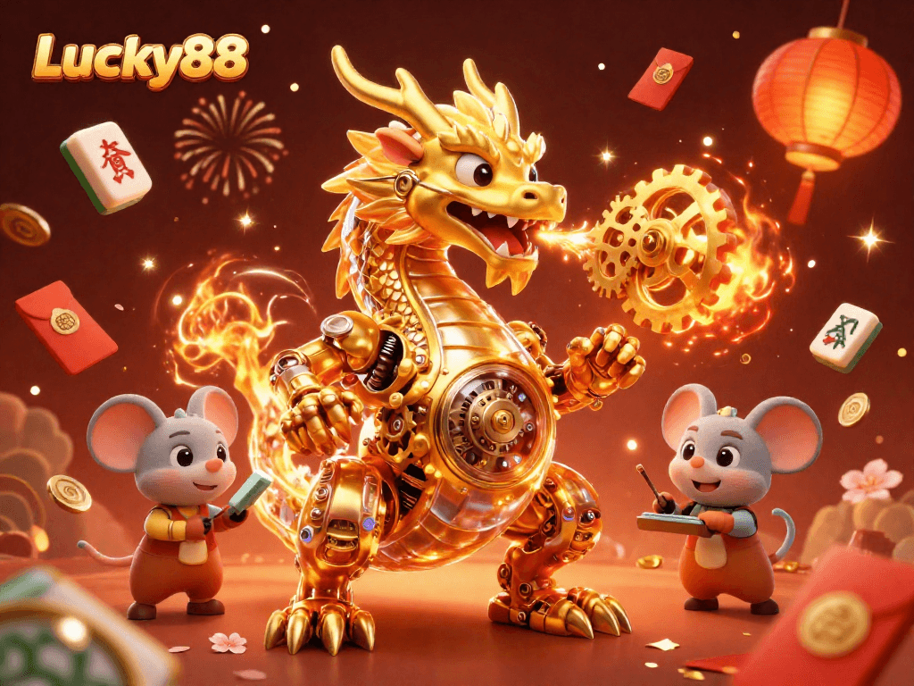 Engage with thrilling Lucky88 casino adventures featuring a golden dragon and celebratory elements.