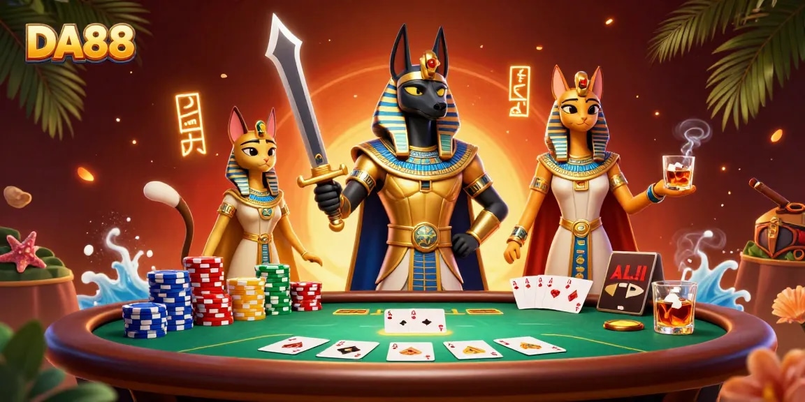 Engage in thrilling slots and poker action at DA88 with vibrant characters and casino elements.