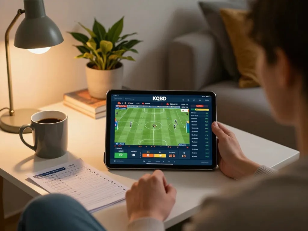 KQBD sports betting interface displayed on tablet in cozy home setting featuring warm lighting.