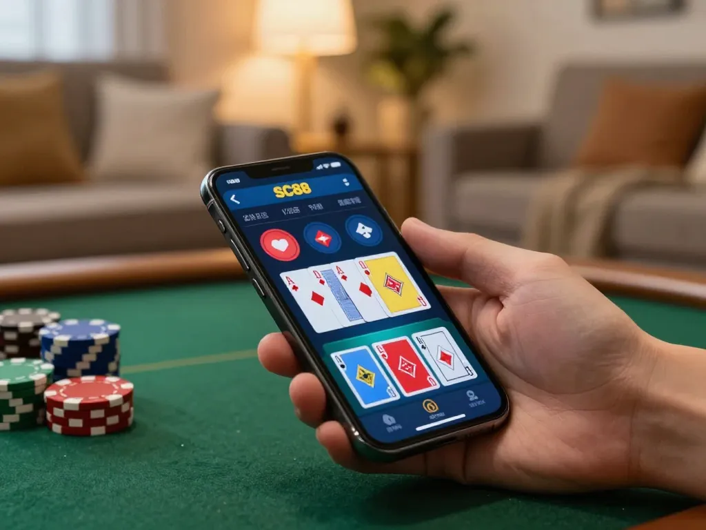 Engaging smartphone gameplay on SC88 INFO app, showcasing poker excitement in a cozy setting