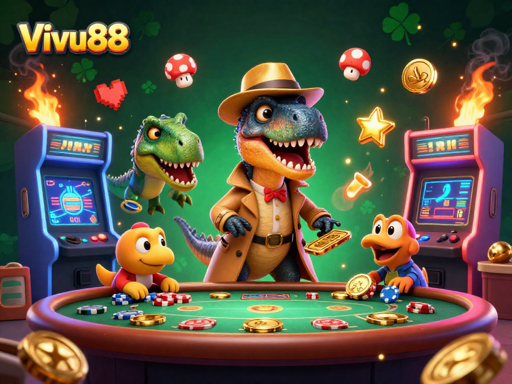 Immerse in the excitement at Vivu88 with a sneaky velociraptor and vibrant casino elements.