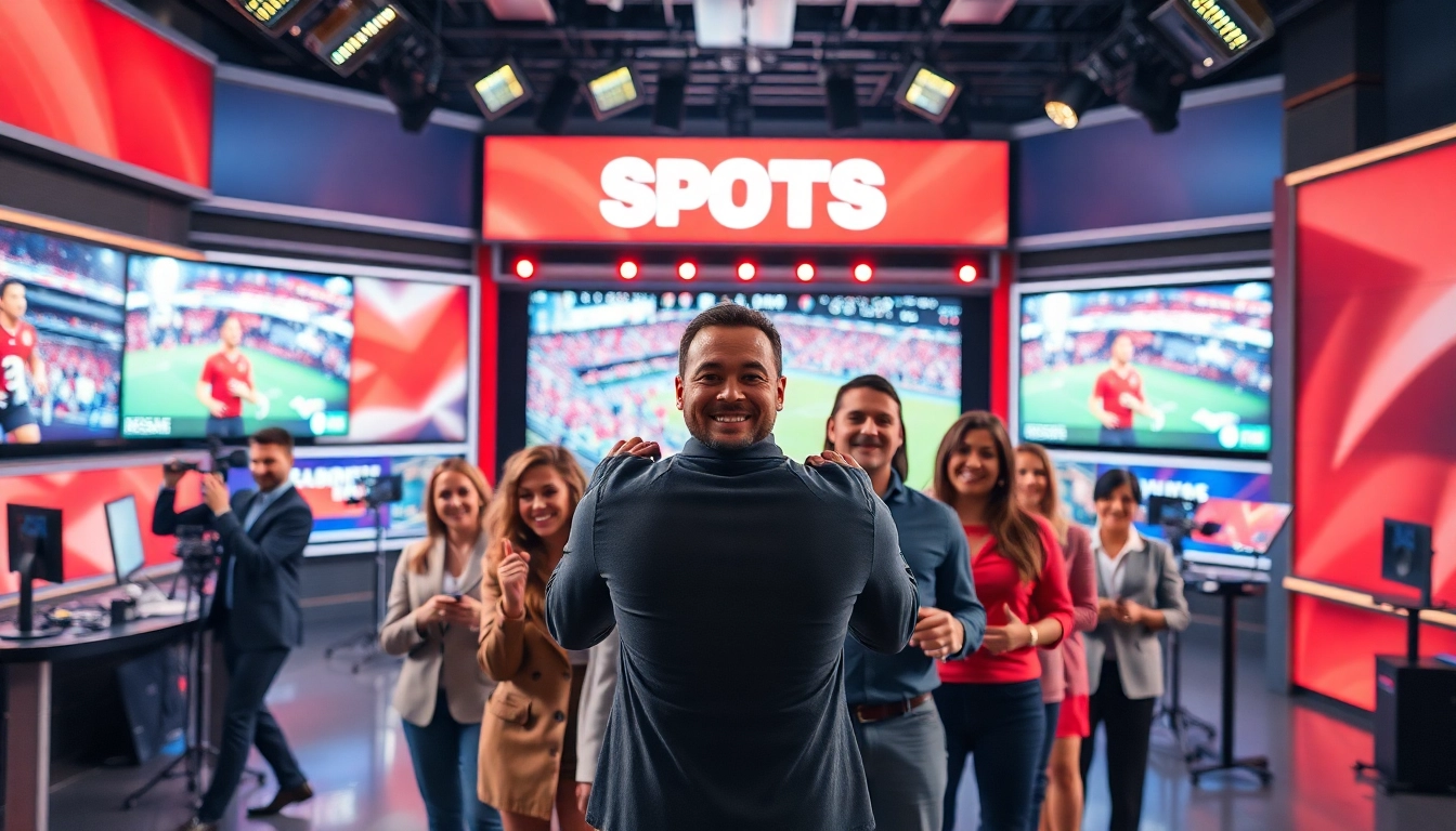 Engaging sports broadcasting team presenting live events in a vibrant studio.