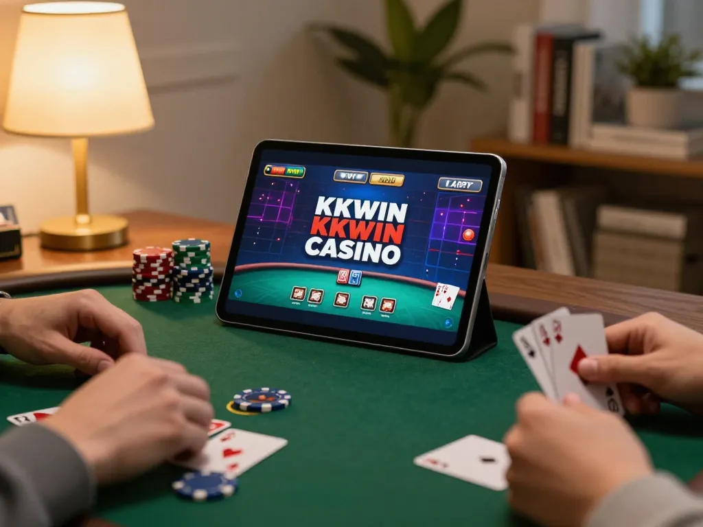 Playing online poker on a tablet at home, showcasing KKWIN CASINO's engaging gameplay experience