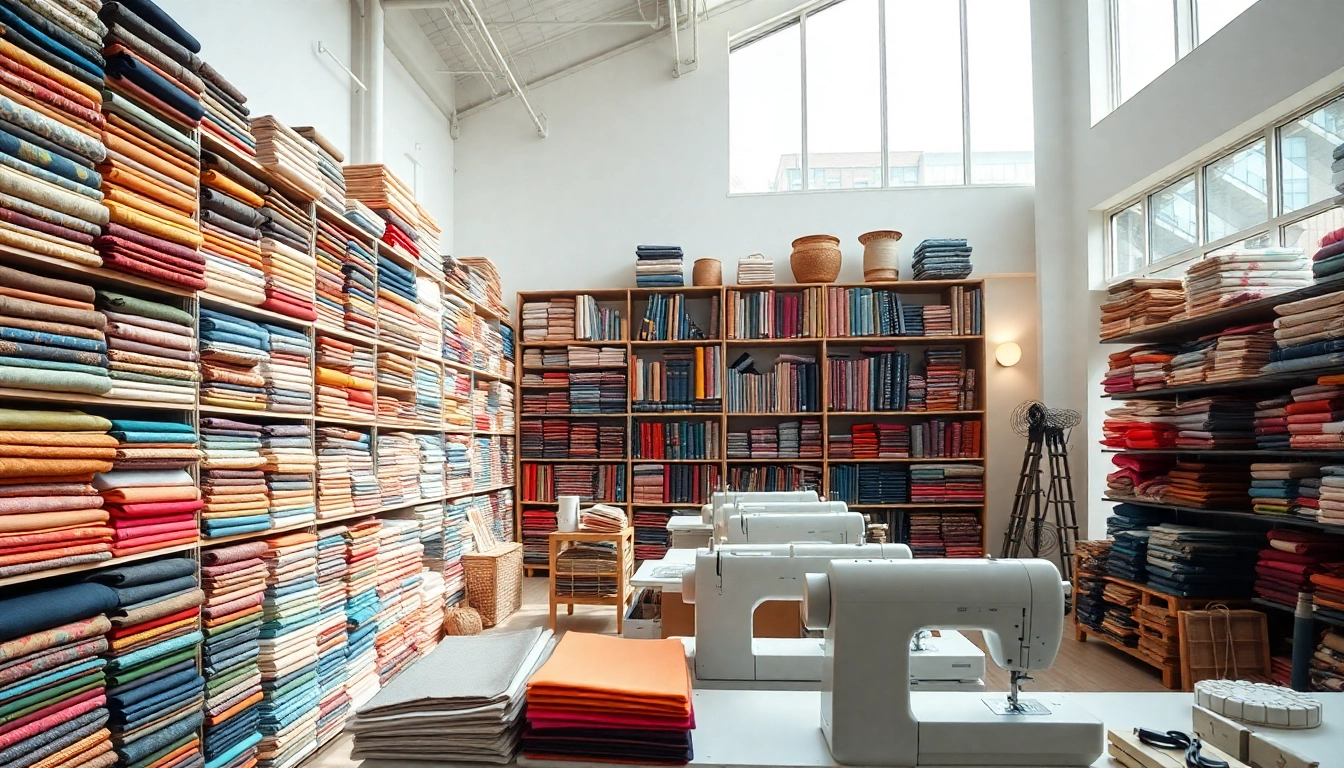 Stoffen winkel online met een kleurrijke selectie van stoffen op overzichtelijke planken.