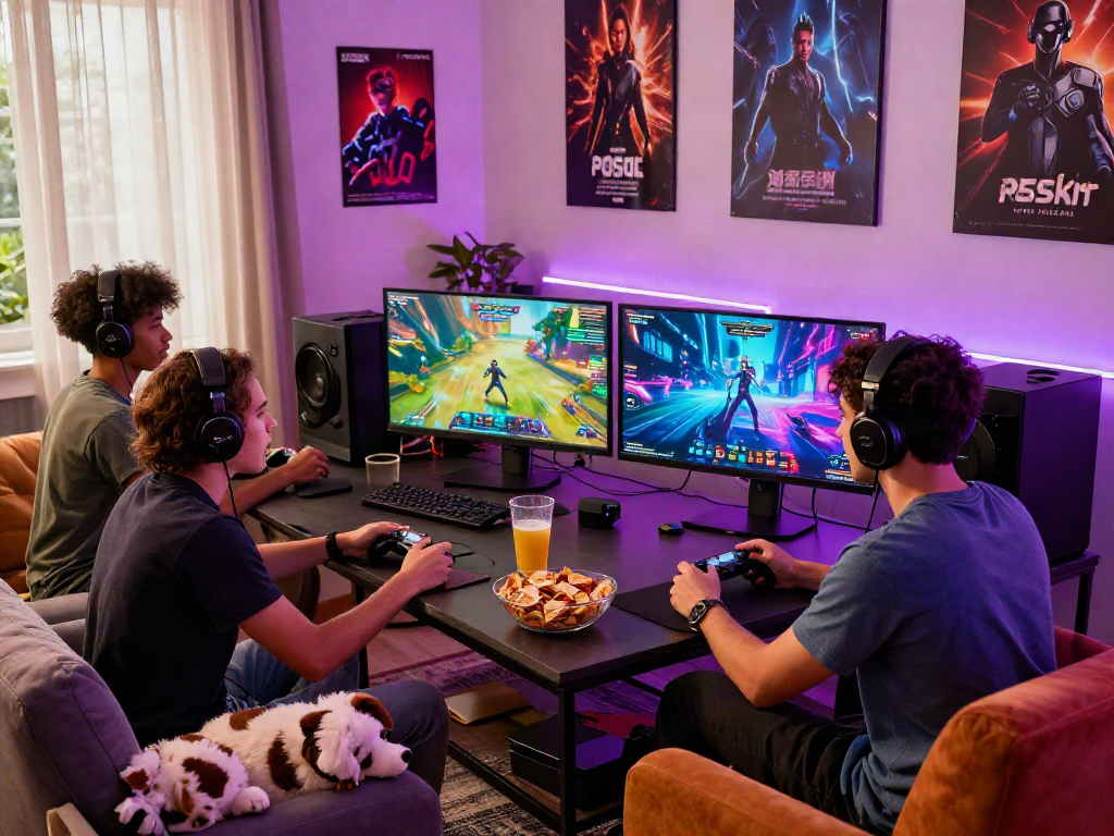Friends enjoying thrilling porn games in a vibrant home gaming setup.