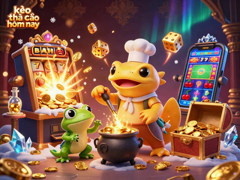 Bet on kèo nhà cái hôm nay with a rich 3D casino scene showcasing golden alchemy and vibrant gaming action.