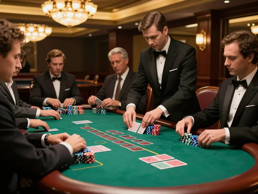 Players strategizing at https://vin88us.com/ blackjack table in a luxurious casino setting.