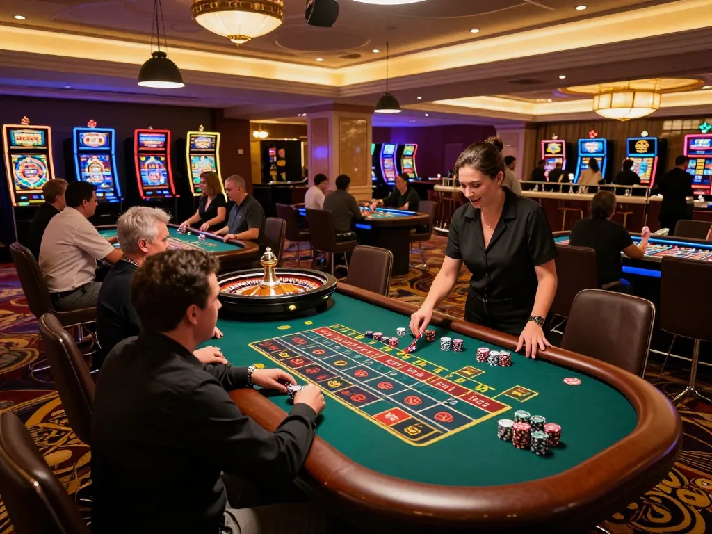 Players placing bets at KKWIN CASINO roulette table, vibrant nightlife ambiance.