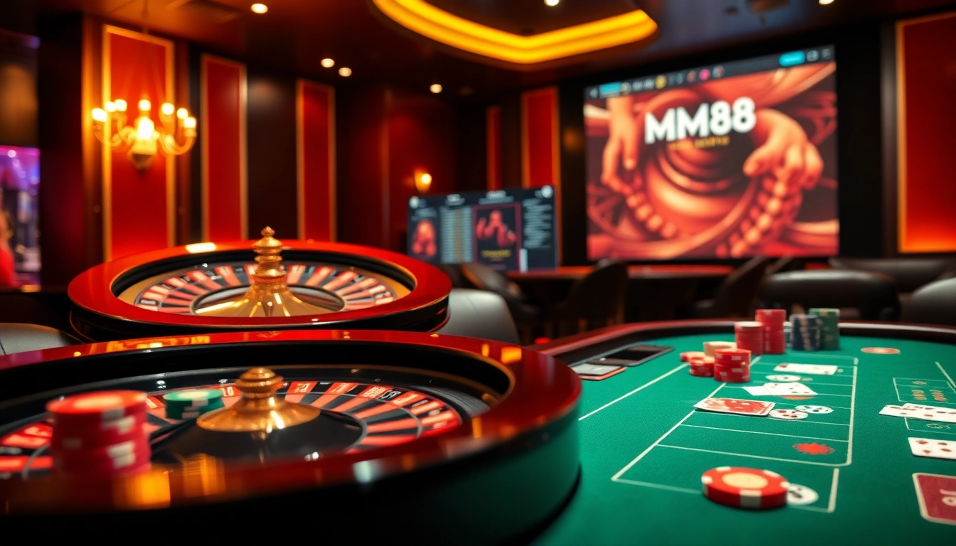 Experience thrilling gameplay at MM88 with vibrant casino tables and chips.