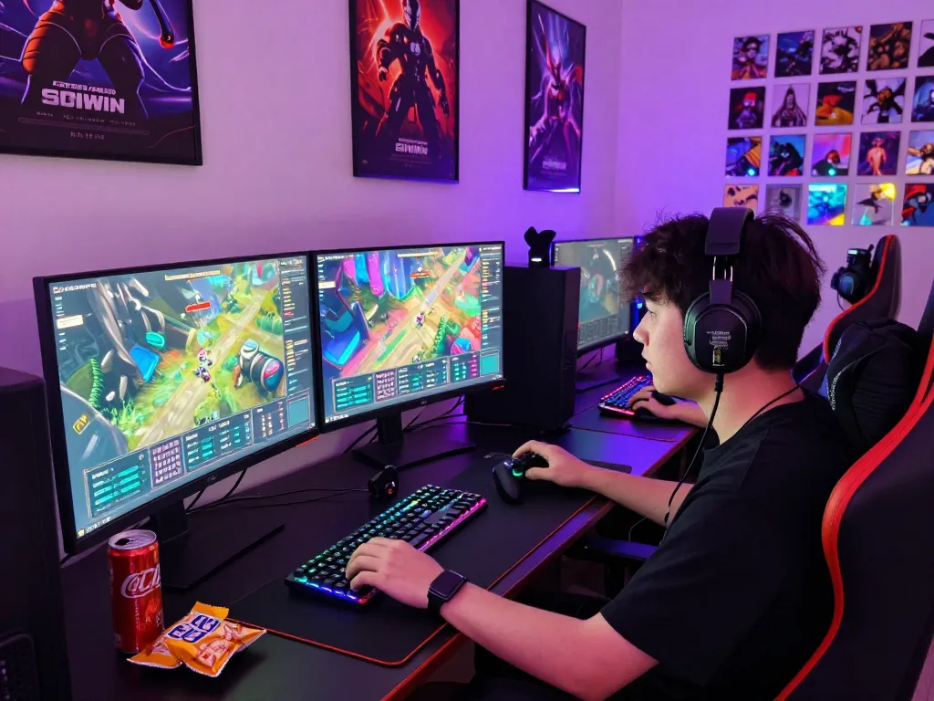 Engaged gamer playing tải sun win on dual monitors with colorful game interface and snacks.