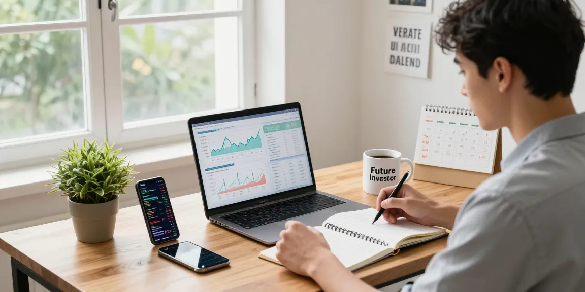 Investor analyzing Indexfonds performance in a modern home office with financial graphs.