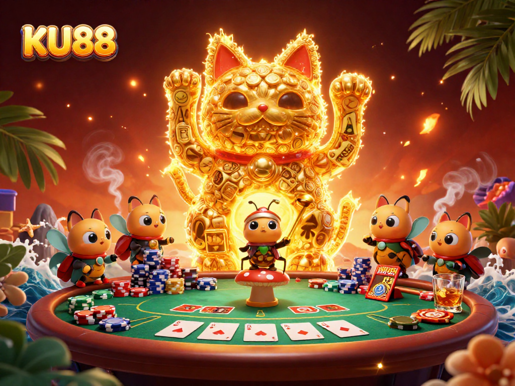 Experience the vibrant KU88 casino world with a lively lucky cat illustration.