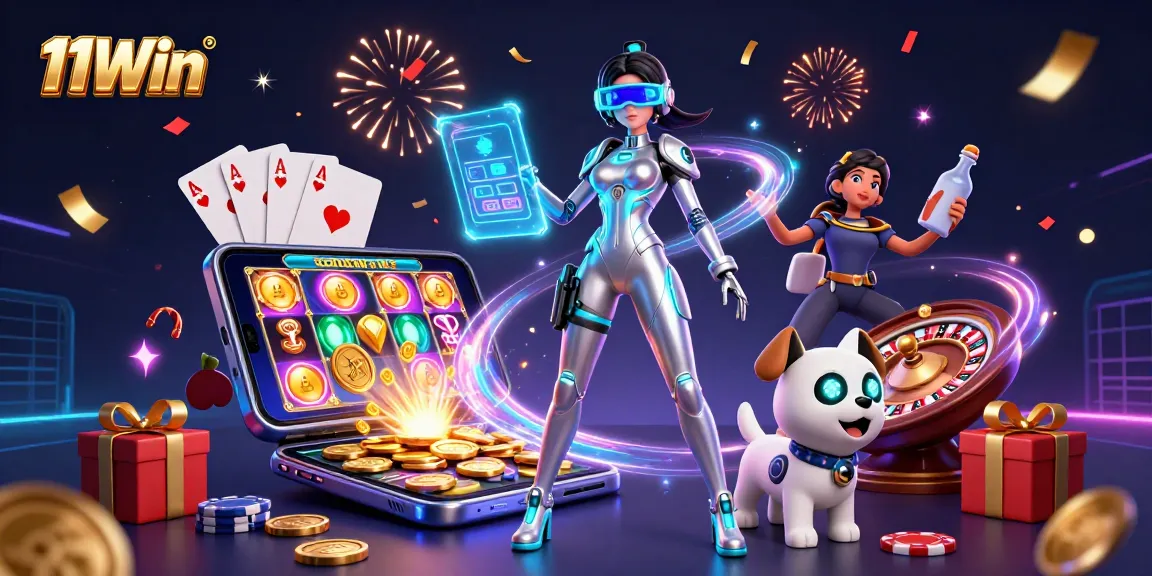 Engage with 11Win's vibrant casino atmosphere featuring high-tech gaming elements and a dynamic woman with futuristic themes.