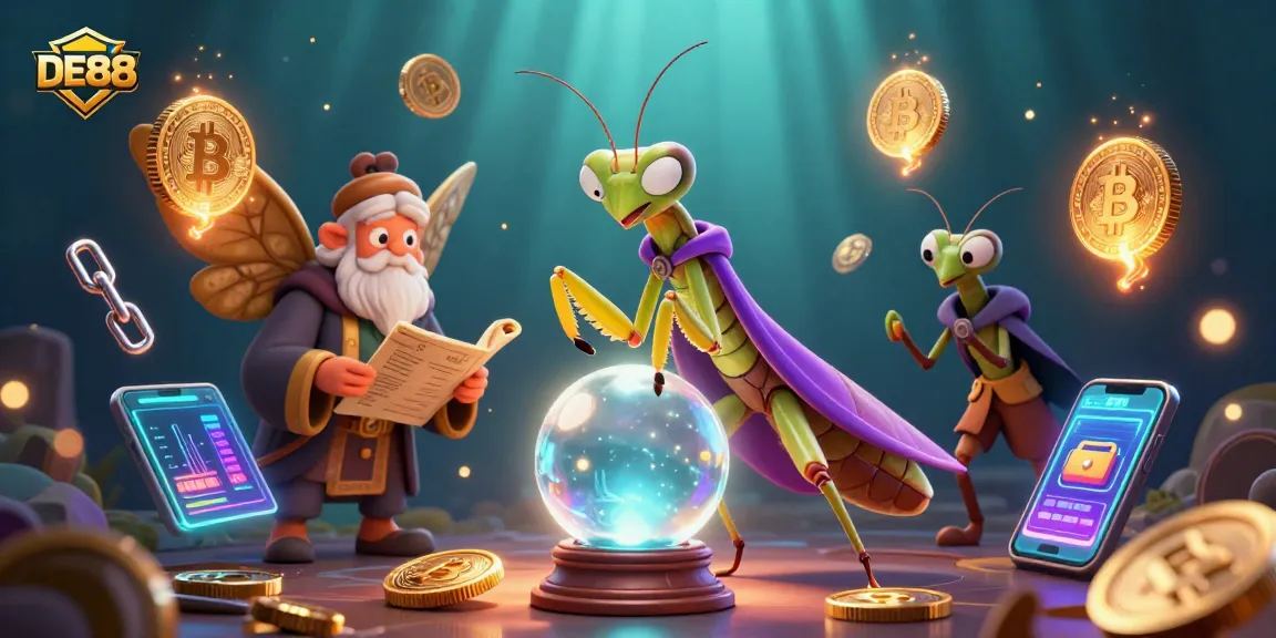 Engage with DE88's mystical gaming world featuring a fortune teller and crypto elements.