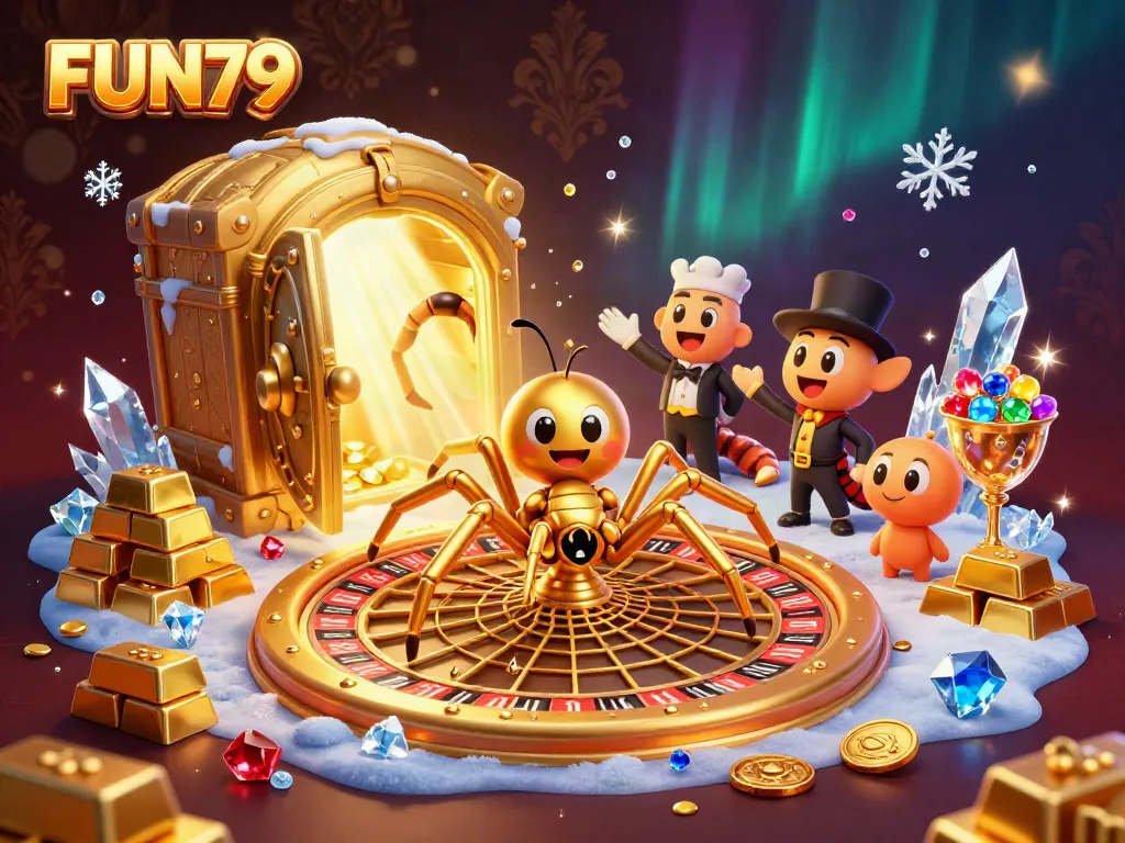 Experience the thrill of FUN79 with a golden spider spinning a roulette wheel in a dazzling casino scene.