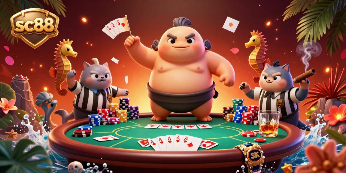 Experience the thrill of sc88 slots with vibrant visuals of a fugu wearing a sumo belt in a colorful underwater ring.