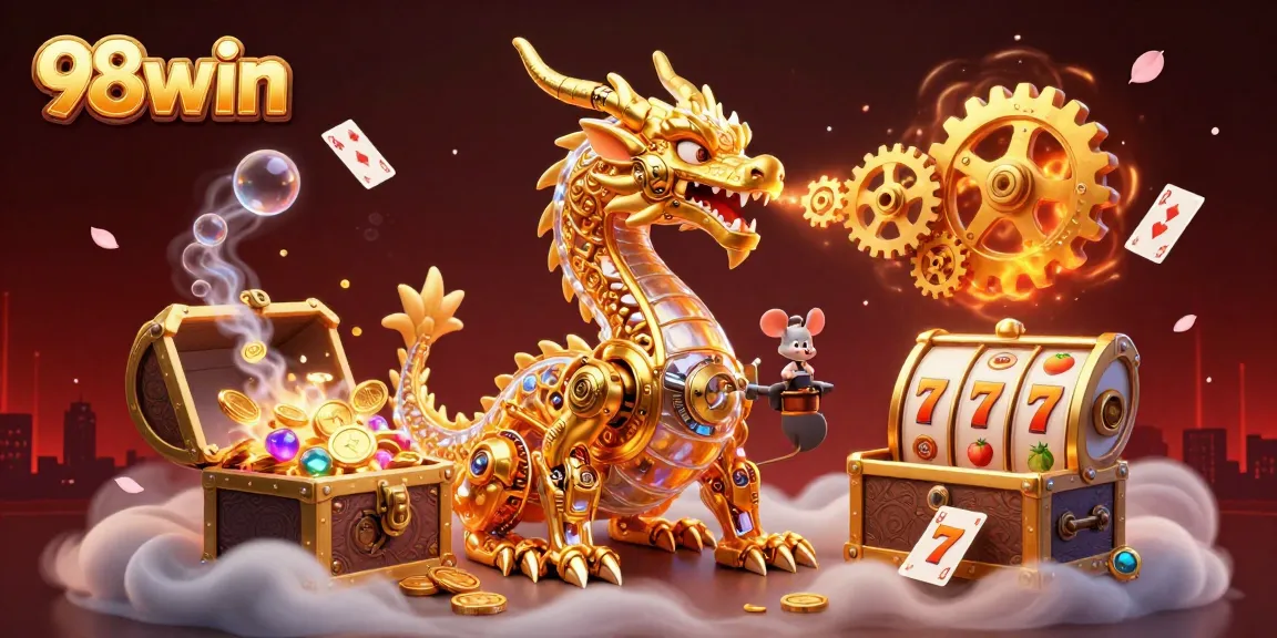 Engage with 98win’s thrilling 3D casino atmosphere featuring a golden dragon and slot elements.