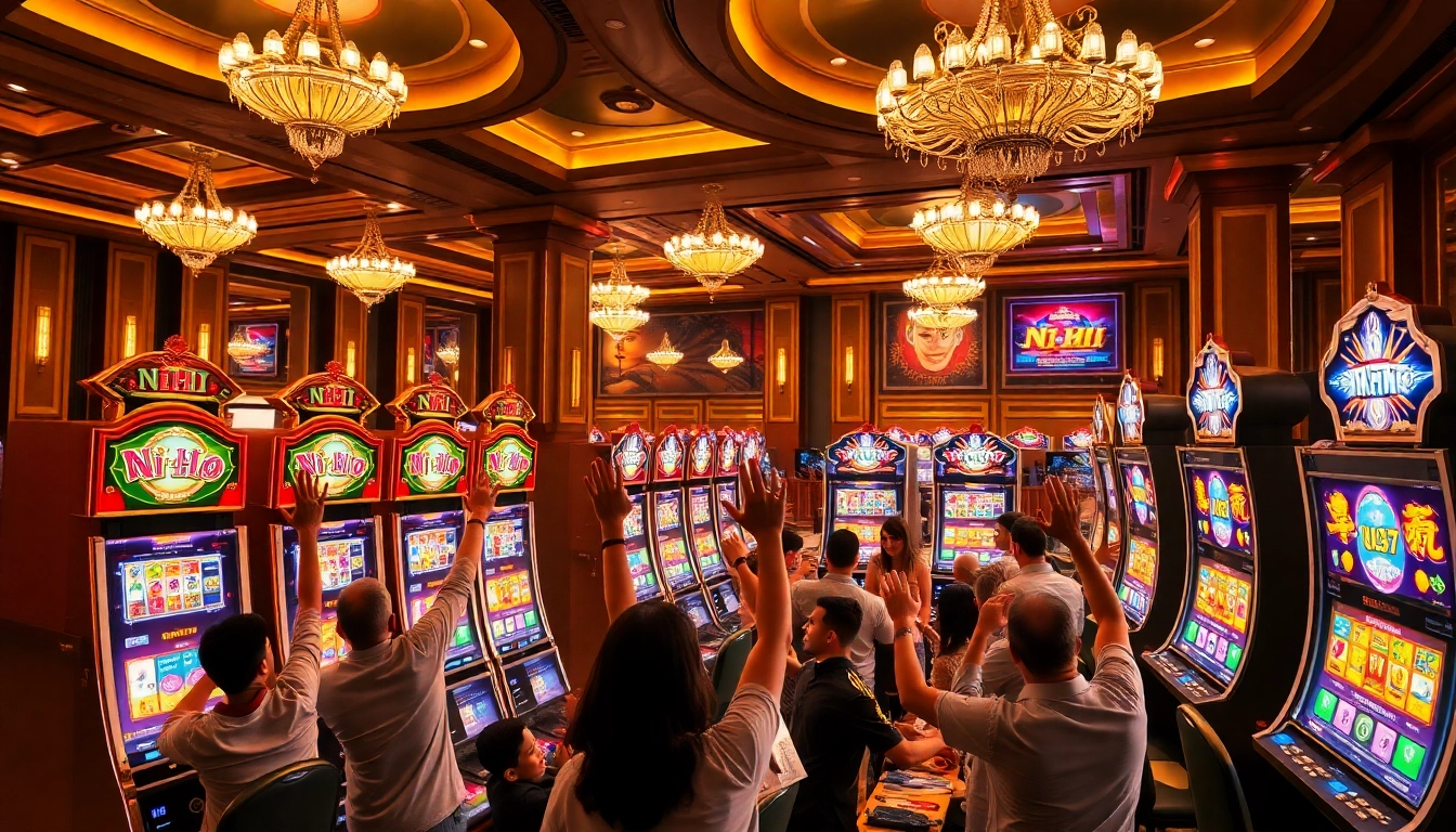 Nổ Hũ slot machine players celebrating a jackpot win in a luxurious casino environment.
