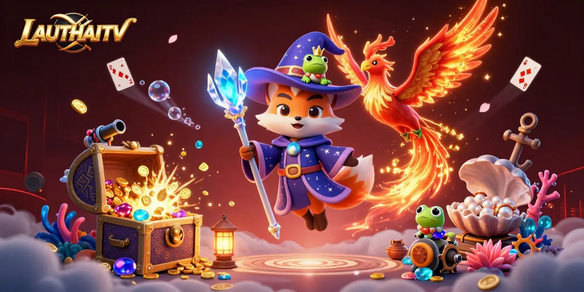 Experience LAUTHAITV's thrilling gameplay action with glowing elements and magical characters in a vibrant 3D illustration.