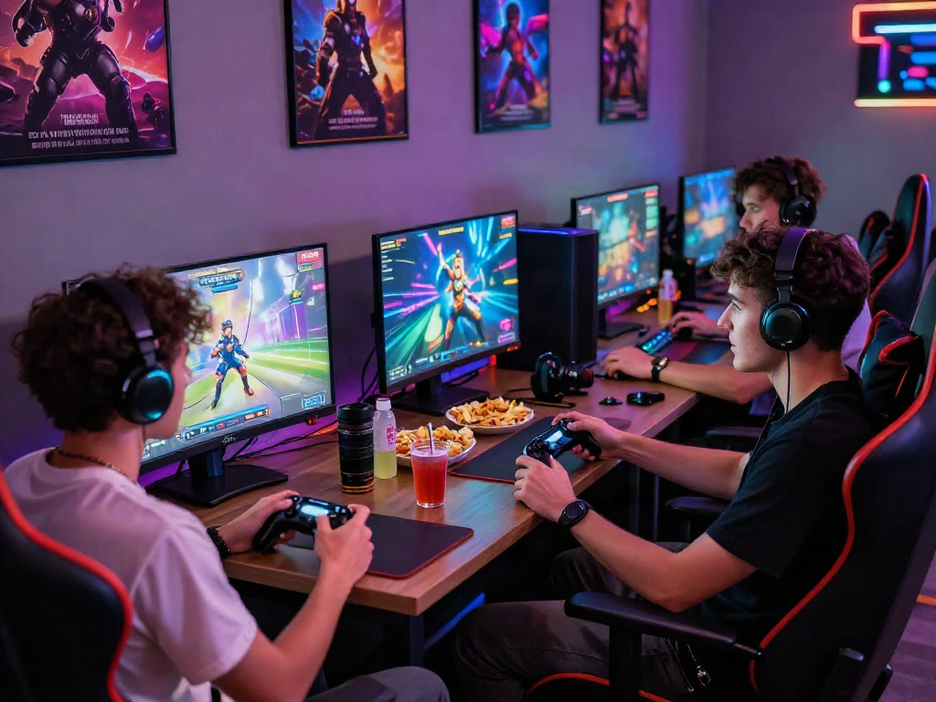 Exciting gaming lounge atmosphere featuring adults playing popular porn games together, illuminated by colorful LED lights.