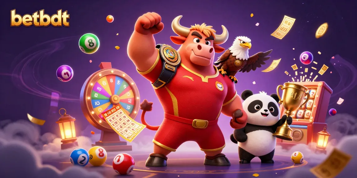 Experience winning moments with betbdt as a bull mascot celebrates with a panda and eagle in a vibrant casino scene.