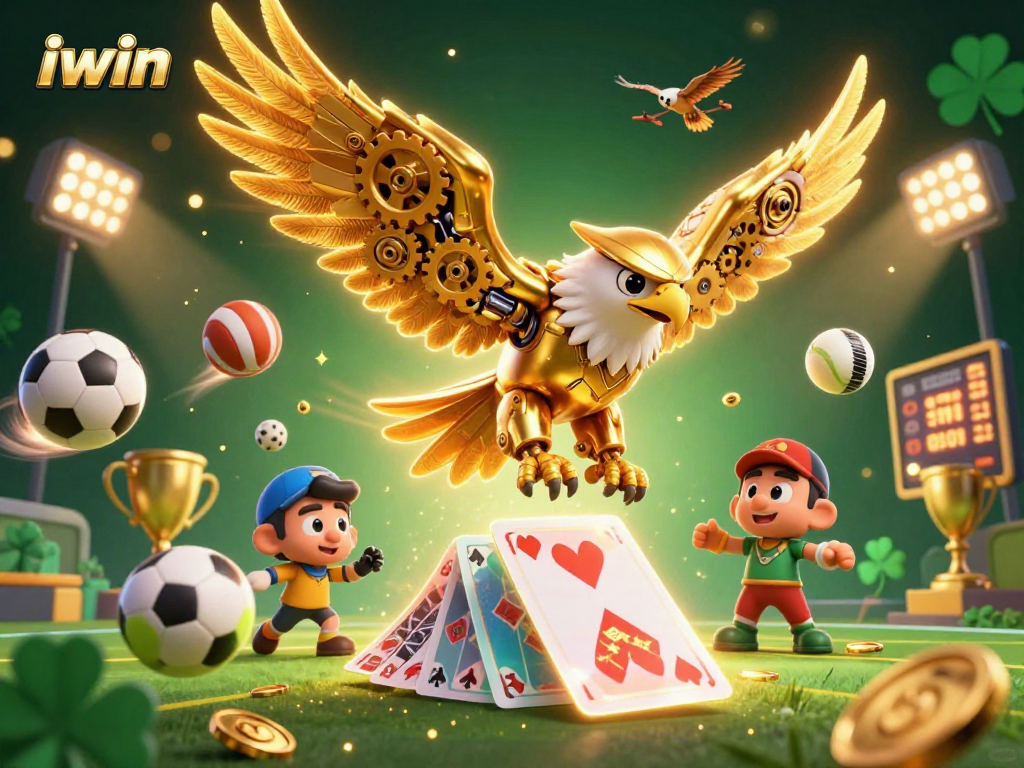 Engage in thrilling gameplay at iwin casino with a cybernetic eagle amidst dynamic sports elements.
