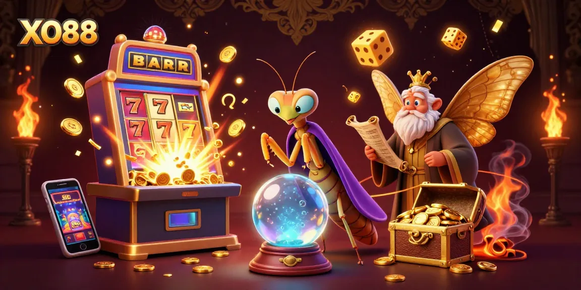 Experience the excitement of XO88 with a vibrant casino scene featuring symbols, characters, and dynamic gaming elements.