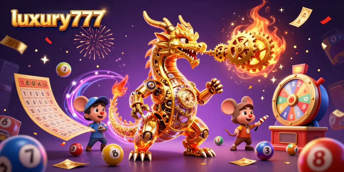 Experience the excitement of luxury777 with this dynamic scene of a golden dragon amidst colorful bingo and lottery elements.